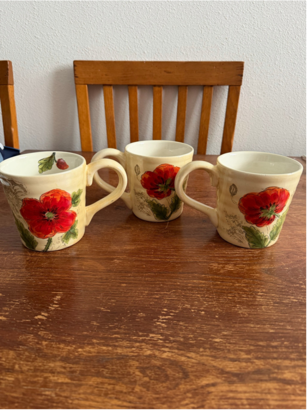 Maxcera Poppy Print Coffee Mugs Set of 3 Red Floral Ceramic Cups